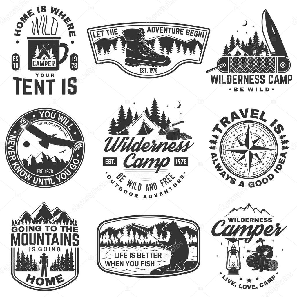 Set of outdoor adventure quotes symbol. Concept for shirt or logo, print, stamp or tee. Vintage design with hiking boots, fishing bear, mountains, compass, knife, tent and forest silhouette