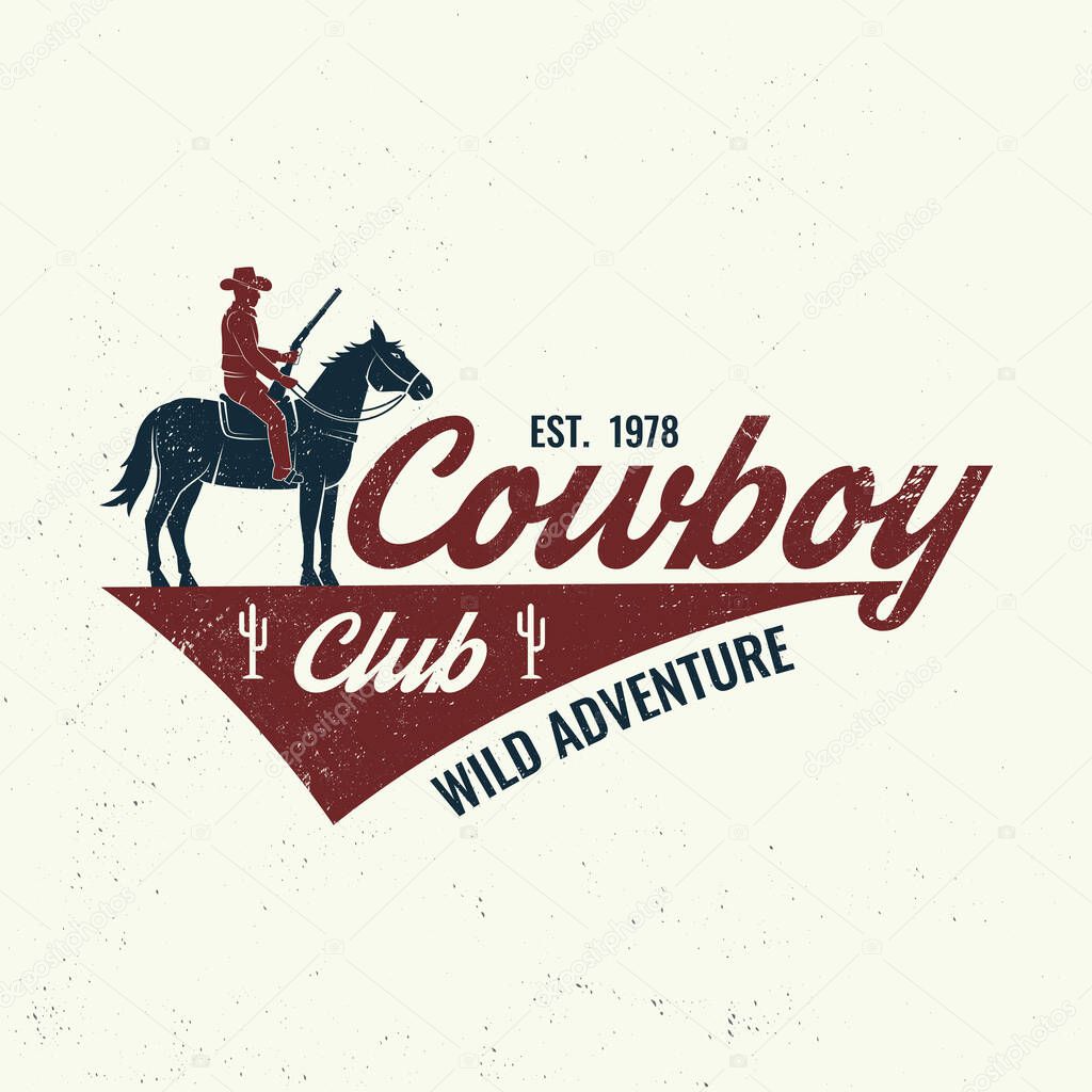 Cowboy club badge, t-shirt. Ranch rodeo. Vector illustration. Concept for shirt, logo, print, stamp, tee with cowboy and shotgun. Vintage typography design with wild west and western rifle silhouette.