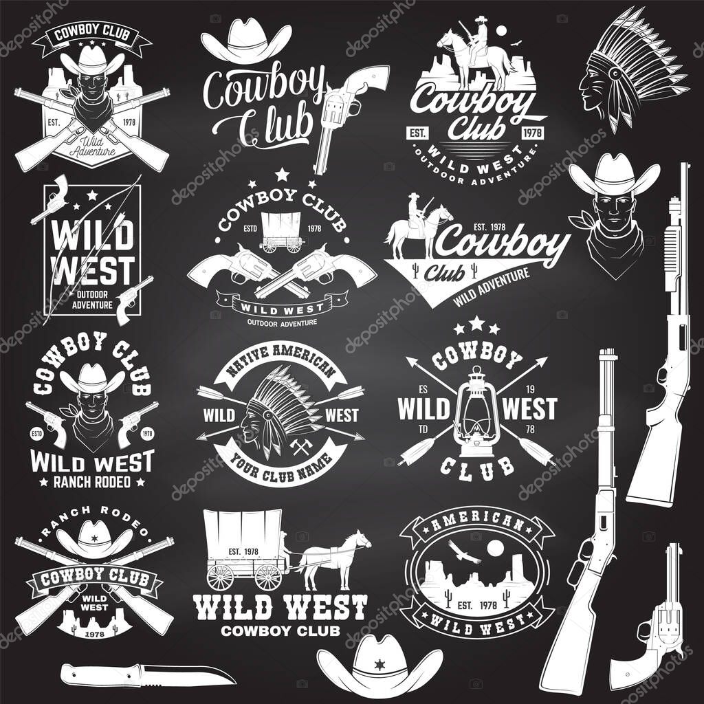 Set of cowboy club badge on chalkboard. Vector illustration. Concept for shirt, logo, print, stamp, tee with cowboy and shotgun. Vintage typography design with wild west and western rifle silhouette.