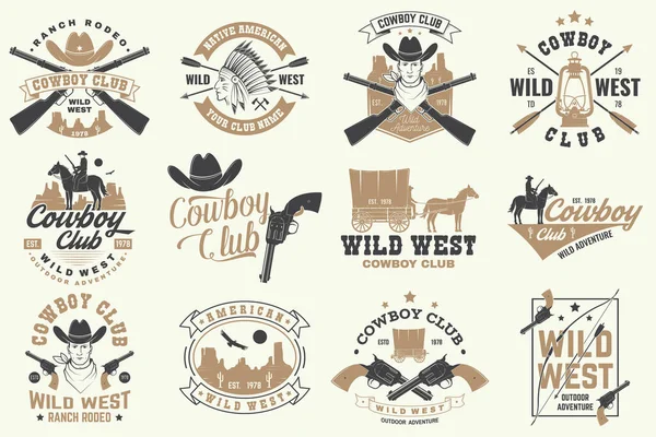 Um distintivo de clube de cowboys. Rodeio do rancho. Vector. Conceito para camisa, logotipo, impressão, carimbo, T com cowboy e espingarda. Design de tipografia vintage com silhueta de rifle ocidental e oeste selvagem . — Vetor de Stock