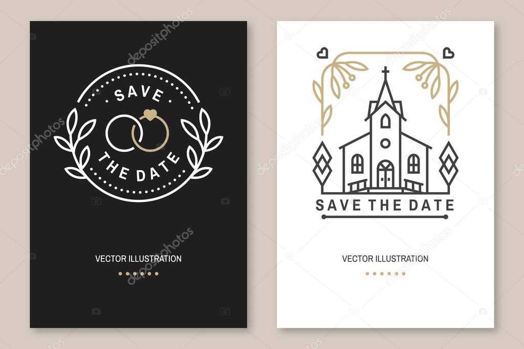 Wedding invitation card template. Vector Thin line geometric badge. Outline icon for save the date invitation card design. Modern minimalist design with wedding church, arch, rings and leaf, flowers