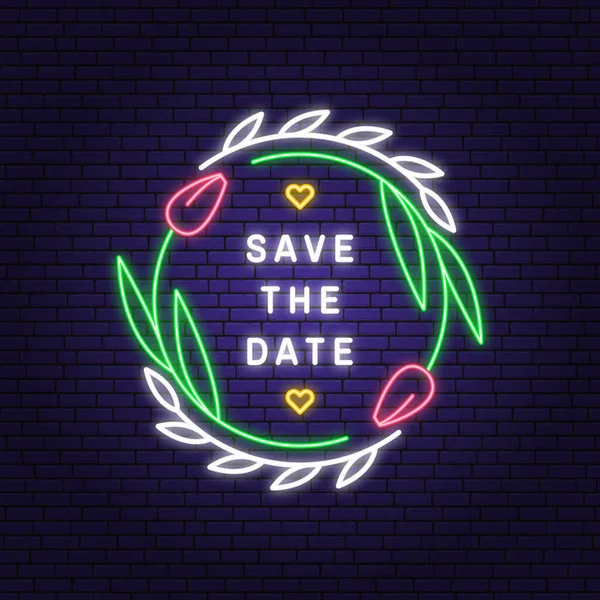 Wedding neon invitation card template. Vector. Thin line geometric badge. Outline icon for save the date invitation card design. Modern neon minimalist design with leaf, flowers decor — Stock Vector