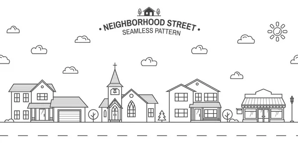 邻居与家庭，商店和教堂插图白色矢量细线图标郊区美国的房子。用于网页设计和应用界面。壁纸的无缝图案或背景 — 图库矢量图片