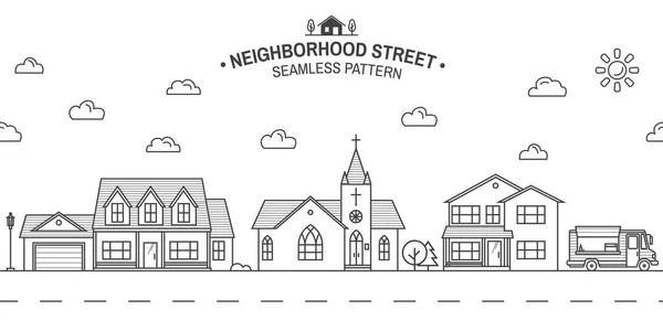 邻居与家庭，商店和教堂插图白色矢量细线图标郊区美国的房子。用于网页设计和应用界面。壁纸的无缝图案或背景 — 图库矢量图片