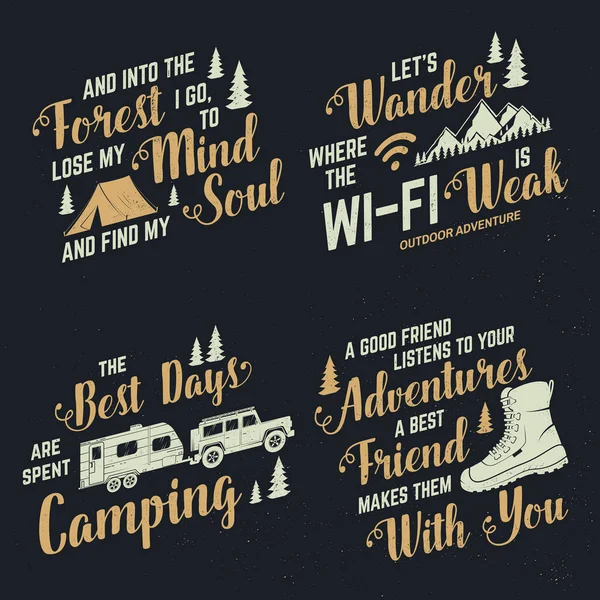 Set of adventures inspirational quote badges, template Vector. Concept for shirt, logo, print, stamp or tee. Vintage typography design with hiking boot, camping tent, mountain and forest silhouette. — Stock Vector