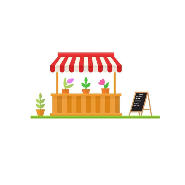 Design de banca de mercado de flores minimalista moderno com placa de anúncio. Loja de ícones plana ou frente da loja de mercado. Para web design e interface de aplicação, também útil para infográficos . —  Vetores de Stock