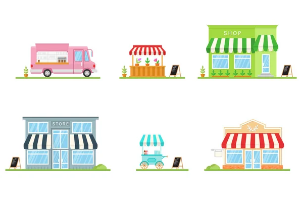 가게, 가게, 길거리 가게, 트럭 아이콘 세트. 벡터입니다. 웹 디자인 과 애플리케이션 인터페이스에서는 인포 그래픽에 도 유용하다. 전면 상점 건물 이 있는 현대식 미니멀리즘적 설계 — 스톡 벡터