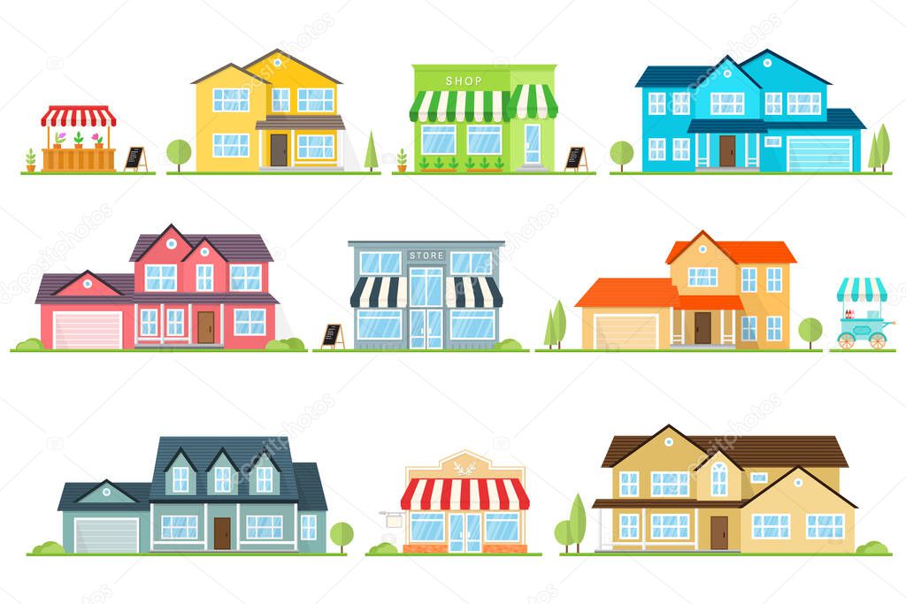 Vector flat icon suburban american house and street store For web design and application interface, also useful for infographics. Family house icon isolated on white background.