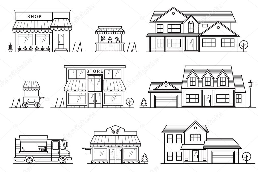 Set of store, shop, house, street store cart and truck icons. Vector. For web design and application interface, also useful for infographics. Modern minimalist design with facade building