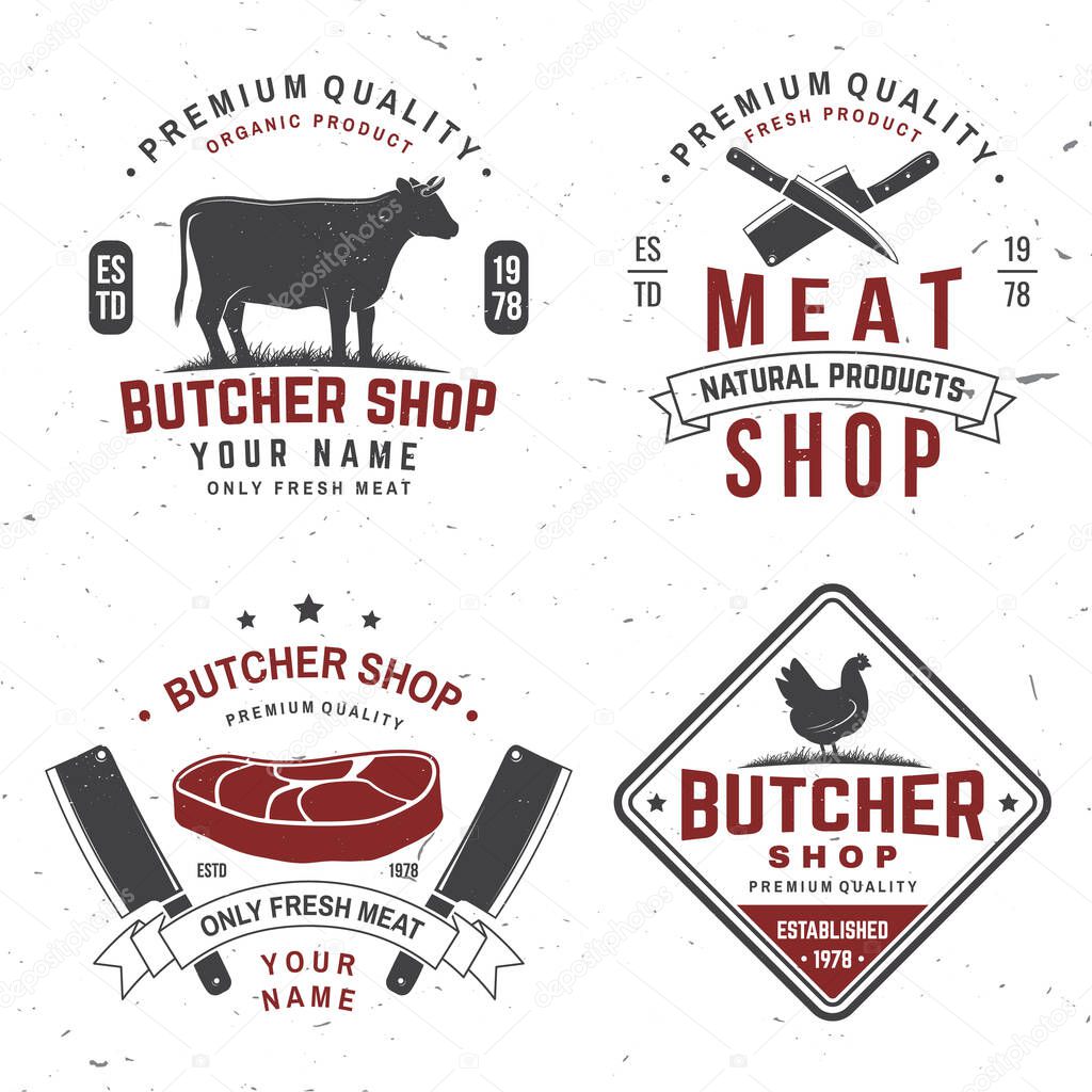 Set of butcher shop badge or label with cow, Beef, chicken. Vector illustration. Vintage typography logo design with cow, chicken silhouette. Butchery meat shop, market, restaurant business.