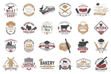 Kasap dükkanı ve pastane rozeti seti, etiket. Vektör. İnek, tavuk, merdane, hamur ve siluetle klasik logo tasarımı. Restoran kimlik nesneleri, ambalaj, menü için