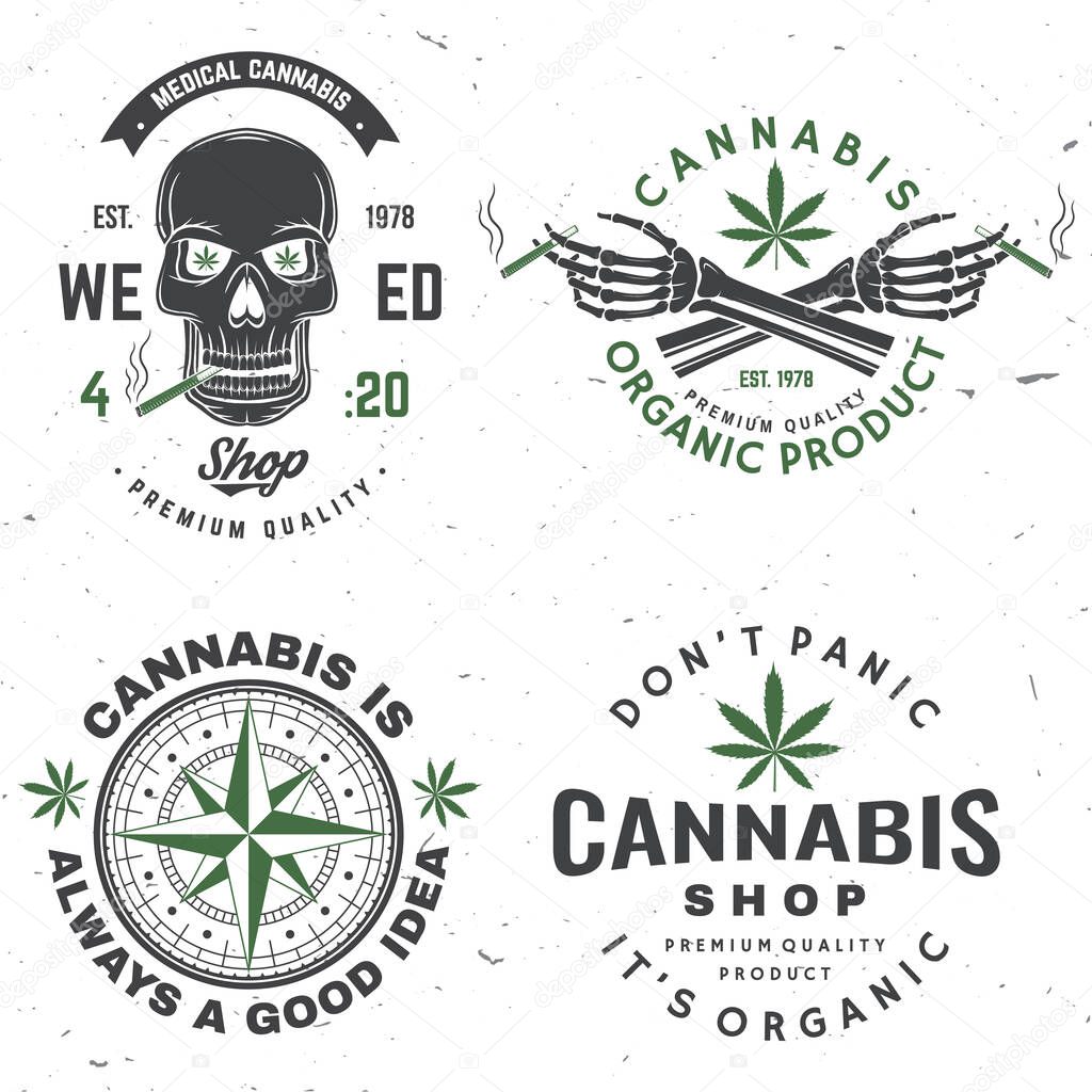 Set of medical cannabis badge, label with skeleton hand, smoking marijuana. Vector. Vintage typography logo design with cannabis, skeleton hand silhouette For weed shop, marijuana delivery service
