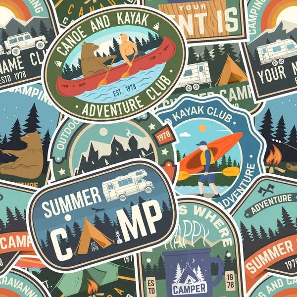 Summer camp colorful seamless pattern with rv trailer, camping tent, campfire, bear, canoe and kayak. Vector. Background, wallpaper, seamless pattern with patches — Stock Vector