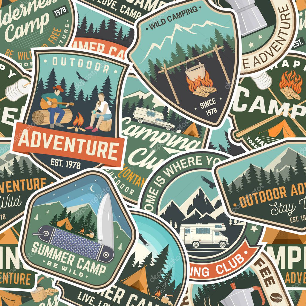 Summer camp colorful seamless pattern with rv trailer, camping tent, campfire, bear, man with guitar and forest. Vector illustration. Background, wallpaper, seamless pattern with patches