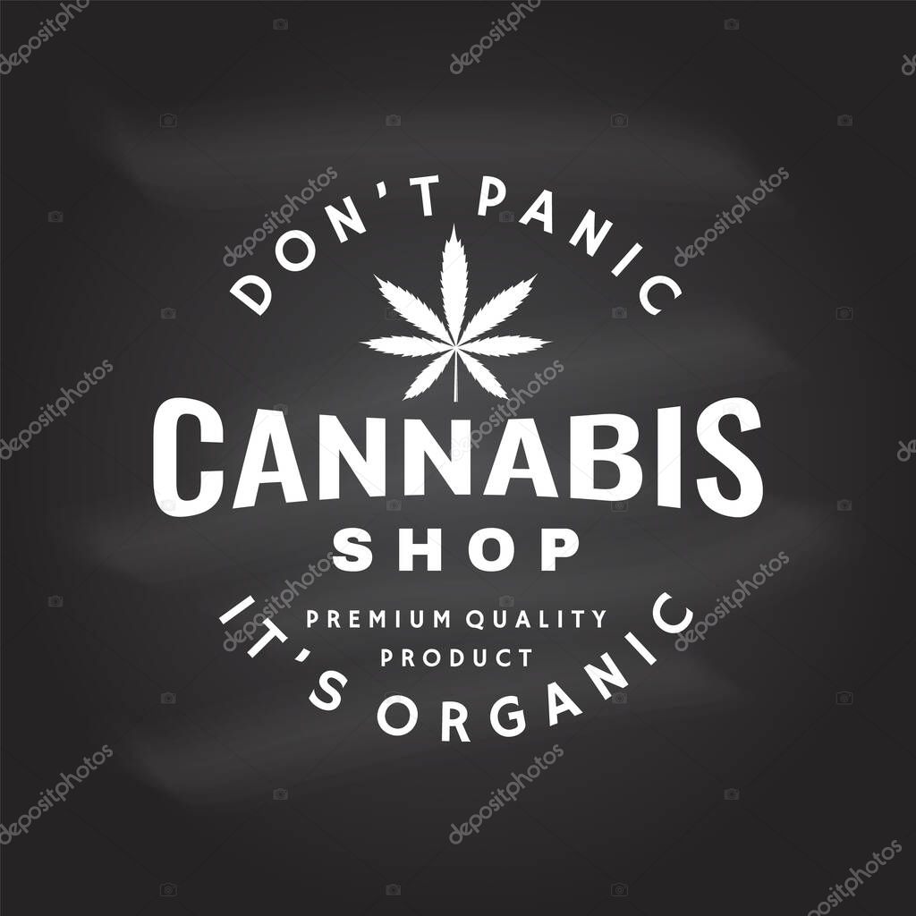 Medical cannabis badge, label with cannabis leaf on chalkboard. Vector. Vintage typography logo design with cannabis leaf silhouette For weed shop, cannabis, marijuana delivery service