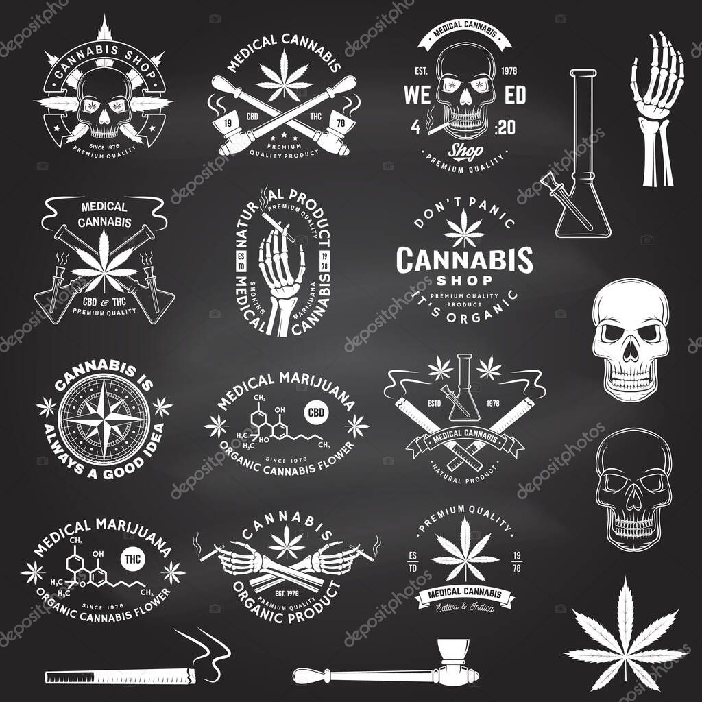 Set of medical cannabis badge, label with skull, skeleton hand, smoking marijuana. Vector. Vintage typography logo design with cannabis, skeleton hand silhouette For weed shop, marijuana delivery