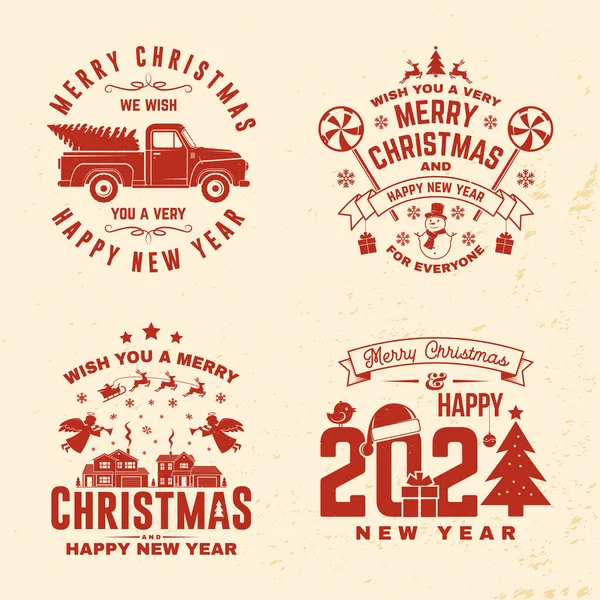 Set of Merry Christmas and Happy New Year stamp sticker Set quotes with snowflakes, snowman, santa claus, candy, sweet candy, pickup. Vector. Vintage typography design for xmas, new year emblem — Stock Vector