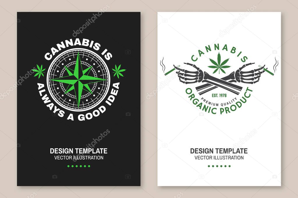 Medical cannabis poster, flyer, template with cannabis leaf, skeleton hand. Vector. Typography logo design with cannabis leaf, wind rose silhouette For weed shop, cannabis, marijuana delivery service