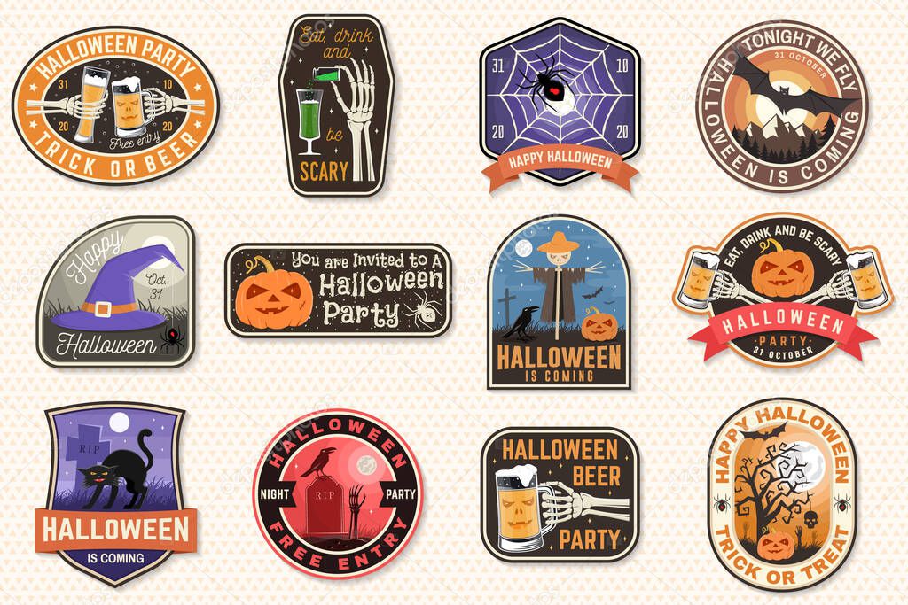Halloween patches. Halloween retro badge, pin. Sticker for logo, print, seal, stamp, patch. Scarecrow with raven, pumpkin, skeleton hand, cemetery, glass of magic beer Typography design- stock vector
