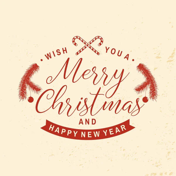 Je vous souhaite un très joyeux Noël et bonne année timbre, ensemble d'autocollants avec bonbons de Noël, branches de sapin. Vecteur. Design typographique vintage pour Noël, emblème du nouvel an dans un style rétro — Image vectorielle