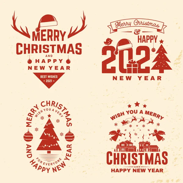 Set of Merry Christmas and Happy New Year stamp, sticker Set quotes with snowflakes, snowman, elk, sweet candy, angels, santa claus. Vector. Vintage typography design for xmas, new year emblem — Stock Vector