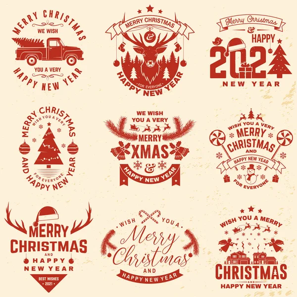 Set of Merry Christmas and Happy New Year stamp, sticker set with snowflakes, hanging christmas ball, santa hat, candy. — Stock Vector