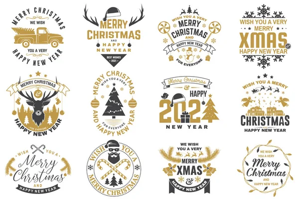 Conjunto de Feliz Navidad y Feliz Año Nuevo sello, etiqueta engastada con copos de nieve, bola de Navidad colgante, sombrero de santa, dulces. — Vector de stock