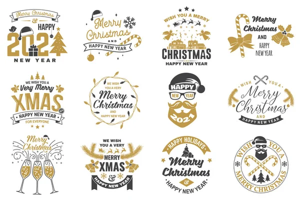 Set of Merry Christmas and Happy New Year stamp, sticker set with snowflakes, hanging christmas ball, santa hat, candy. — Stock Vector