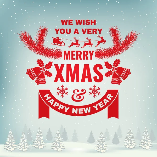Feliz Navidad y Feliz Año Nuevo sello, etiqueta engastada con ángeles, Santa Claus en trineo con ciervos y regalos de Navidad. — Vector de stock