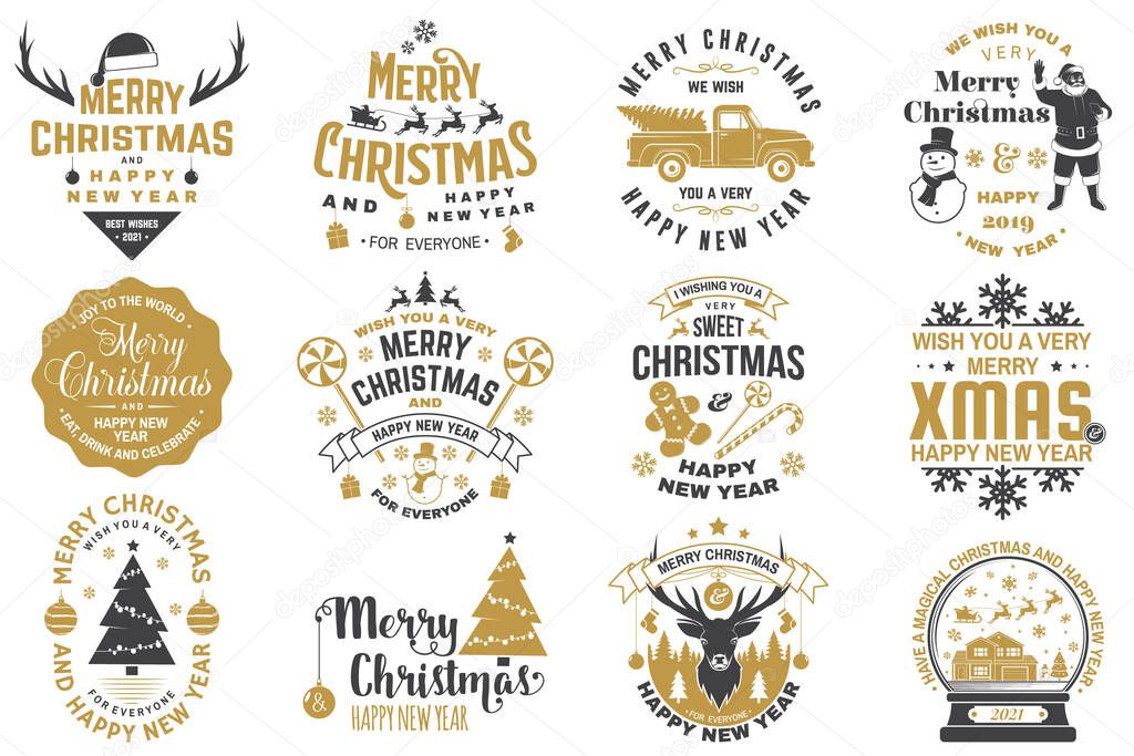 Set of Merry Christmas and 2021 Happy New Year stamp, sticker Set quotes with snowflakes, snowman, santa claus, candy, sweet candy, cookies. Vector. Vintage typography design for xmas, new year emblem