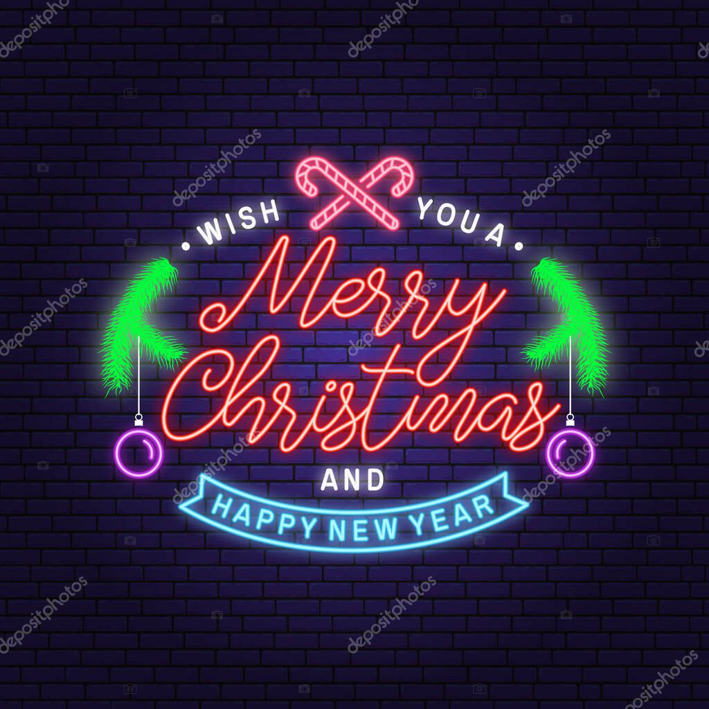 Joy to the world. Merry Christmas and Happy New Year neon sign. Vector illustration. Vintage typography design for xmas, new year emblem in retro style. Coaster for beer or beer bottle cap.