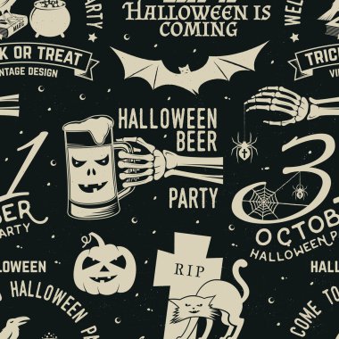 Geçmişe dönük grunge etkisi olan kusursuz bir Cadılar Bayramı kutlaması düzeni. Vektör. Cadılar Bayramı partisinin eski rozetleri. Arkaplan, duvar kâğıdı, yamalı kusursuz desen