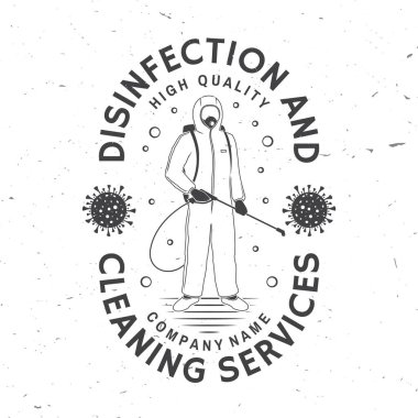 Dezenfeksiyon ve temizlik hizmeti rozeti, logo, amblem. Vektör. Profesyonel dezenfeksiyon ve temizlik şirketi için. Dezenfektan işçisi ve spreyli klasik tipografi tasarımı