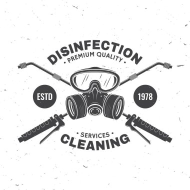 Dezenfeksiyon ve temizlik hizmeti rozeti, logo, amblem. Vektör. Profesyonel dezenfeksiyon ve temizlik şirketi için. Maske, solunum cihazı ve spreyli klasik tipografi tasarımı