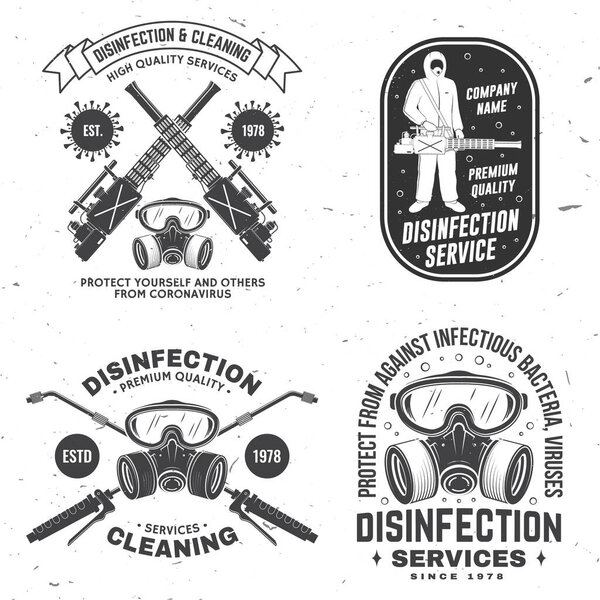 Дезинфекция и чистка значка, логотипа, эмблемы. Вектор. Для профессиональной дезинфекции и чистки. Дизайн винтажной типографии с дезинфицирующим работником и продавцом