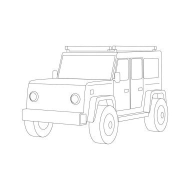 İzometrik araba ince çizgisi. 3D off-road araba yolculuğu gri ve beyaz vektör piktogramı beyaza izole edildi. Yaz gezisi konsepti. Vektör.
