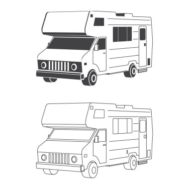 İzometrik karavan kamyonu seti ince çizgi ve siluet 3d karavan karavan aile karavan taslak ikonu. Karavan karavanı beyazda izole edilmiş. Yaz kampı aile seyahati konsepti. Vektör