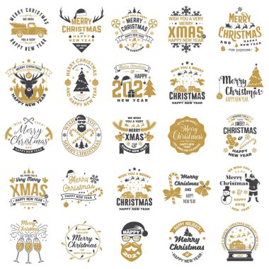 Mutlu Noeller ve mutlu yıllar damgası, kar taneleri, asılı noel balosu, Noel Baba şapkası, şeker....