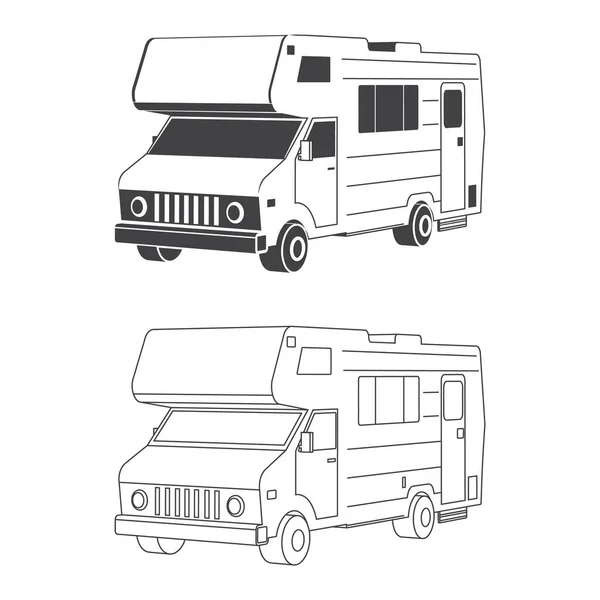 Ensemble de camping-car isométrique de camionneur ligne mince et silhuette 3d camping caravane familiale caravane icône contour. RV camping-car isolé sur blanc. Camping-car d'été concept de voyage familial. Vecteur — Image vectorielle