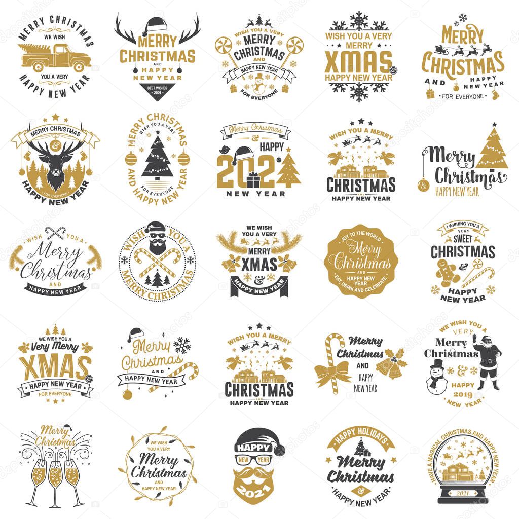 Set of Merry Christmas and 2021 Happy New Year stamp, sticker Set quotes with snowflakes, snowman, santa claus, candy, sweet candy, truck. Vector. Vintage typography design for xmas, new year emblem