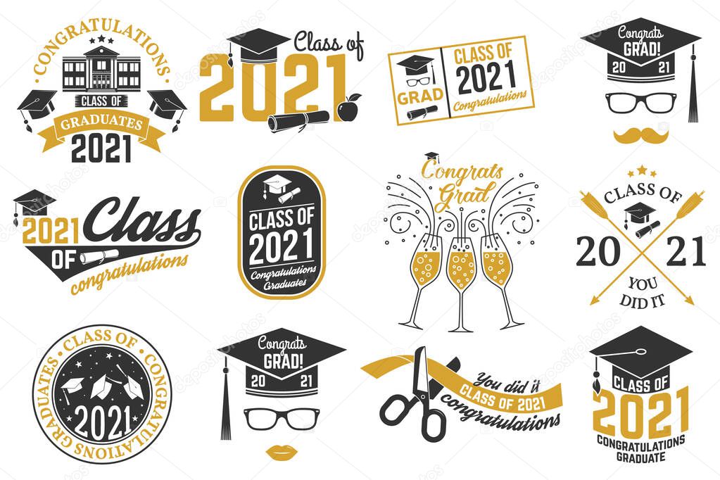 Set of Vector Class of 2021 badges Concept for shirt, print, seal, overlay or stamp, greeting, invitation card. Typography design- stock vector.