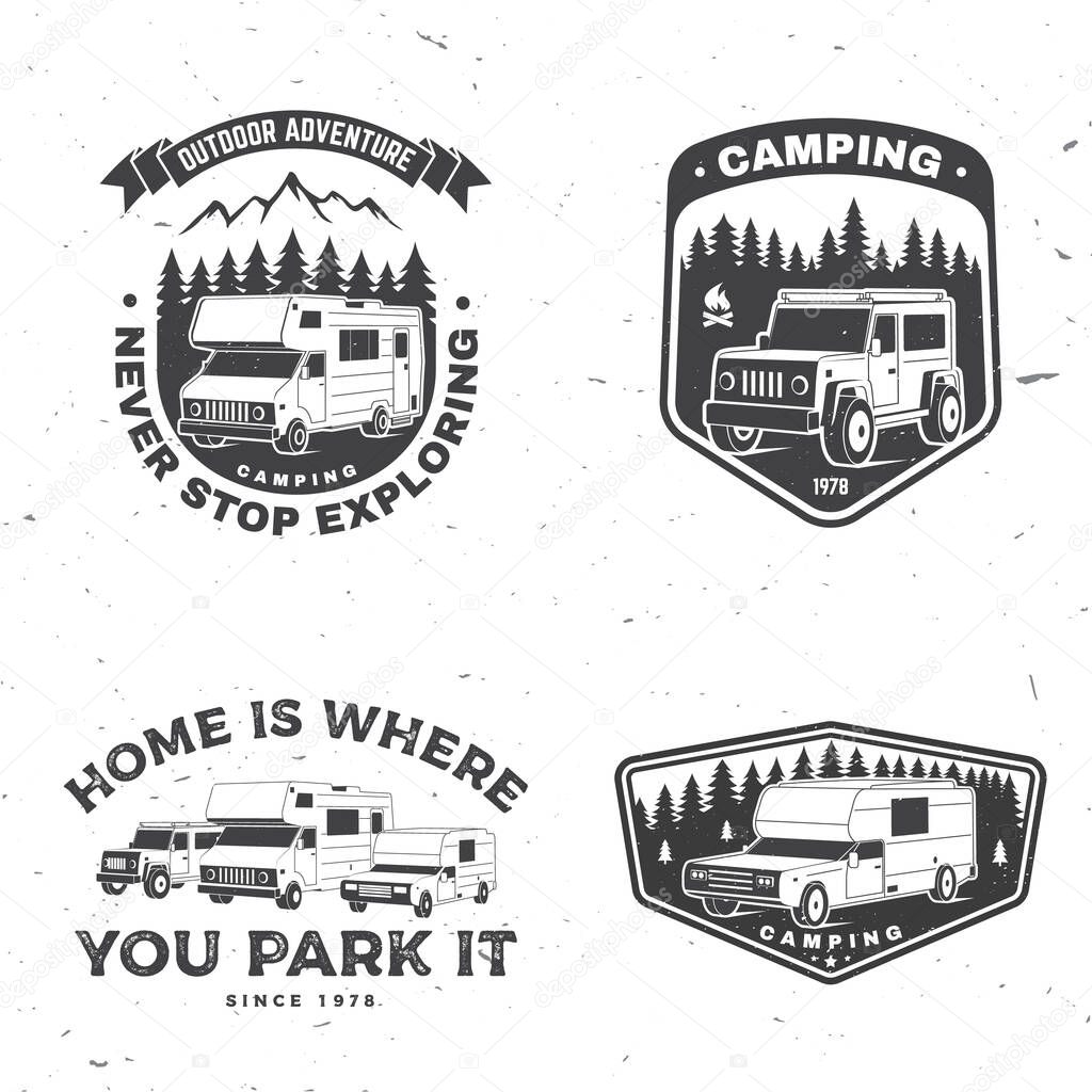Set of rv camping badges, patches. Vector illustration. Concept for shirt or logo, print, stamp or tee. Vintage typography design with RV Motorhome, camping trailer and off-road car silhouette.