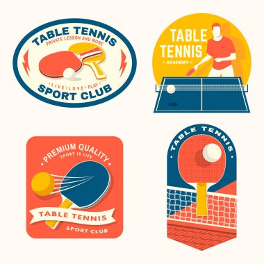 Masa tenisi akademisi rozeti seti, masa oyuncusu siluetiyle amblem. Vektör. Masa tenisi logosu şablonları ve rozetler için. Sağlık ve dostluğu destekleyecek bir yer.