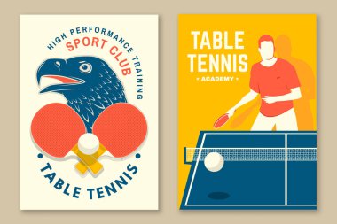 Masa tenisi posteri, afiş, masa tenisi raketleri, şahin kuşu, tenis oynayan sporcu atleti içeren dergi şablonu. Vektör
