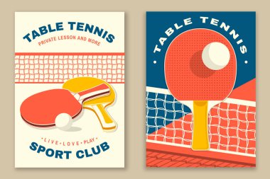 Masa tenisi posteri, afiş, masa başı, masa tenisi raketleri, top. Vektör