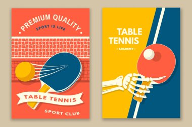 Masa tenisi posteri, afiş, dergi şablonu ve masa tenisi raketi seti. Vektör