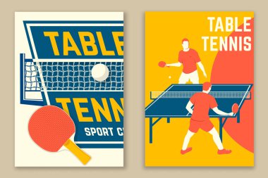 Masa tenisi posteri, afiş, masa başı, masa tenisi raketleri, top. Vektör. Masa tenisi logosu şablonları ve rozetler için. Sağlık ve dostluğu destekleyecek bir yer.