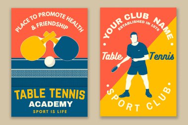 Masa tenisi posteri, afiş, masa başı, masa tenisi raketleri, top. Vektör. Masa tenisi logosu şablonları ve rozetler için. Sağlık ve dostluğu destekleyecek bir yer.