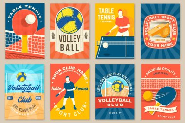 Masa tenisi, voleybol kulübü posteri, afiş, voleybol, oyuncu, masa tenisi, masa tenisi raketleri. Vektör
