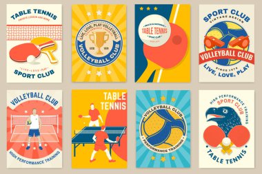 Masa tenisi, voleybol kulübü posteri, afiş, voleybol, oyuncu, masa tenisi, masa tenisi raketleri. Vektör